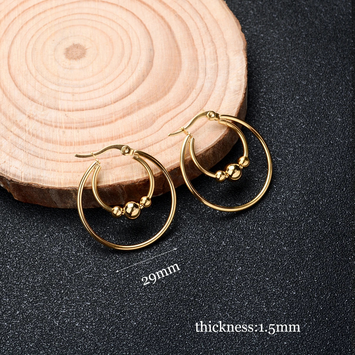 DAIIIBABYYY  -  2Pc Stainless Steel Exaggerated Round Bead Hoop Earring Women Men Smooth Design Vintage Double Rings Earring Personality Jewelry