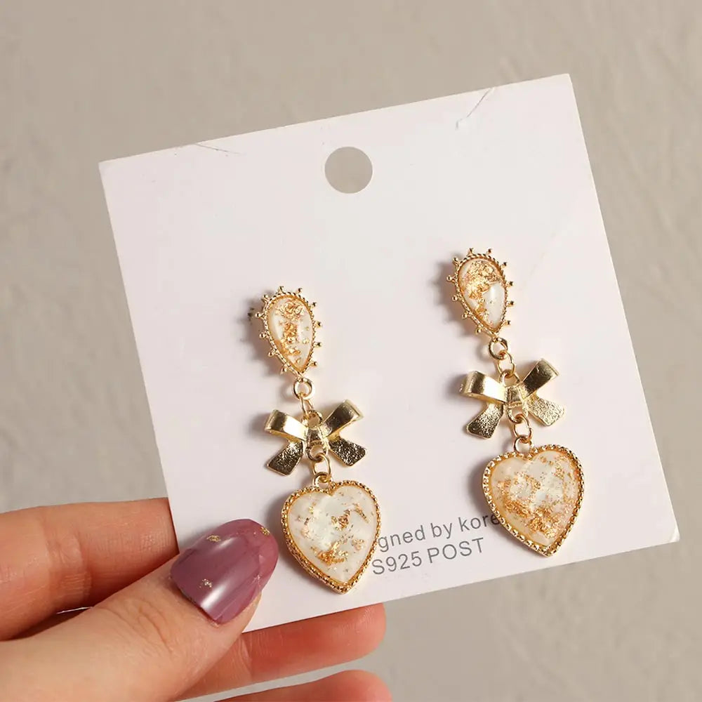 DAIIIBABYYY  -  Bowknot Heart Resin Earrings Korean Classic Style Golden Peach Heart Stud Earrings For Woman Jewelry Valentine's Day present