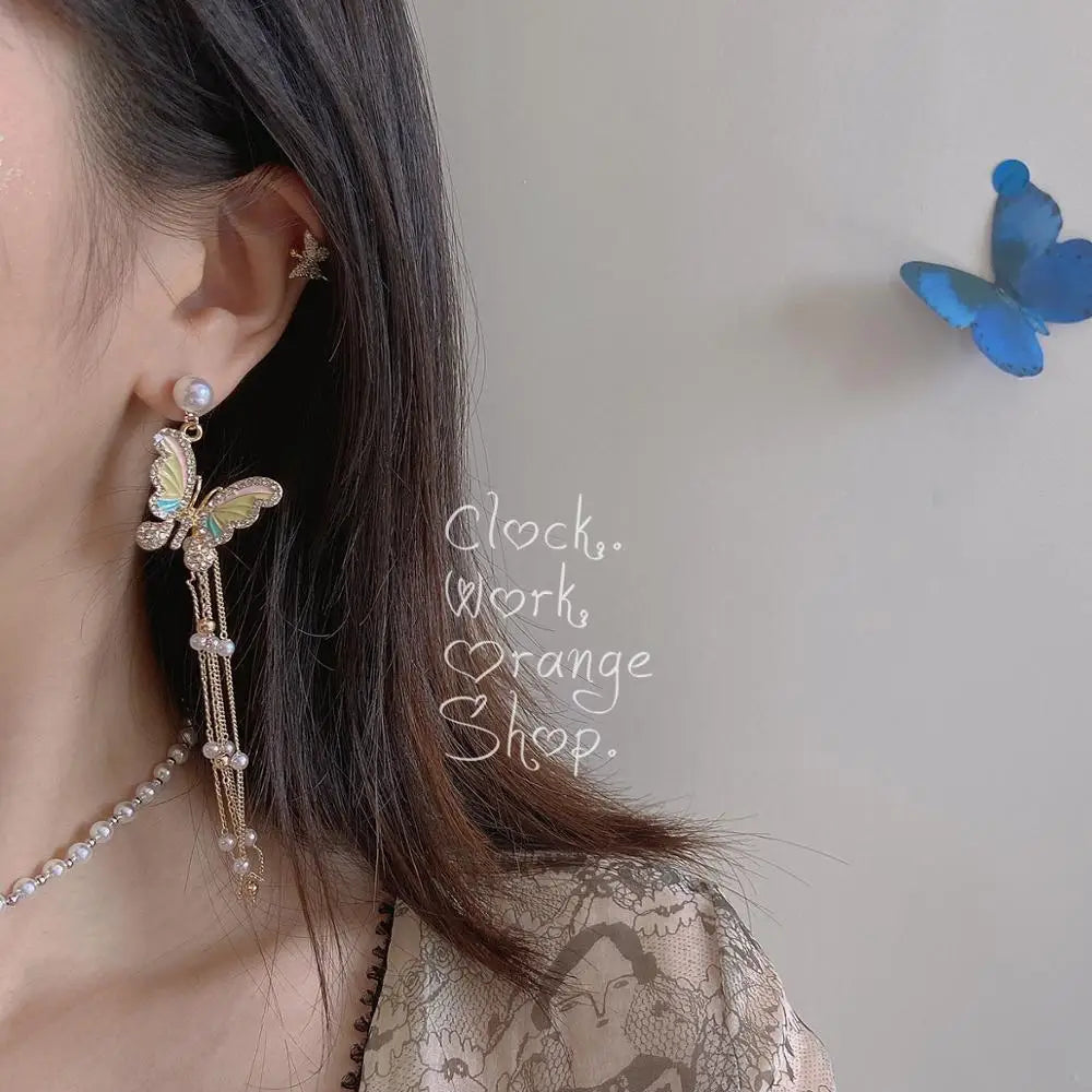 DAIIIBABYYY  -  Korean Fashion Pearl Long Drop Earring Jewelry  Needle Cute Butterfly Tassel Dangle Earrings for Women Accessories