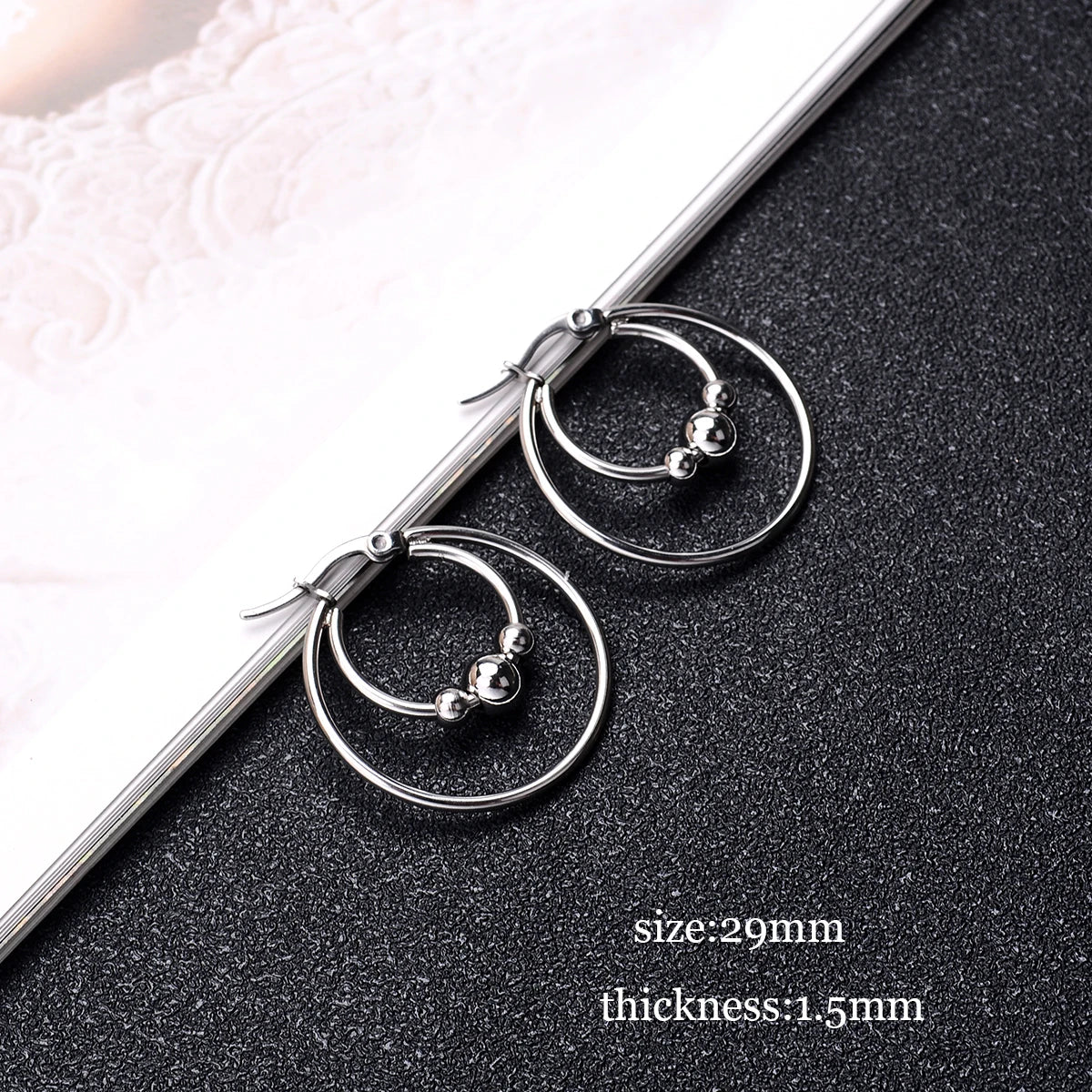 DAIIIBABYYY  -  2Pc Stainless Steel Exaggerated Round Bead Hoop Earring Women Men Smooth Design Vintage Double Rings Earring Personality Jewelry