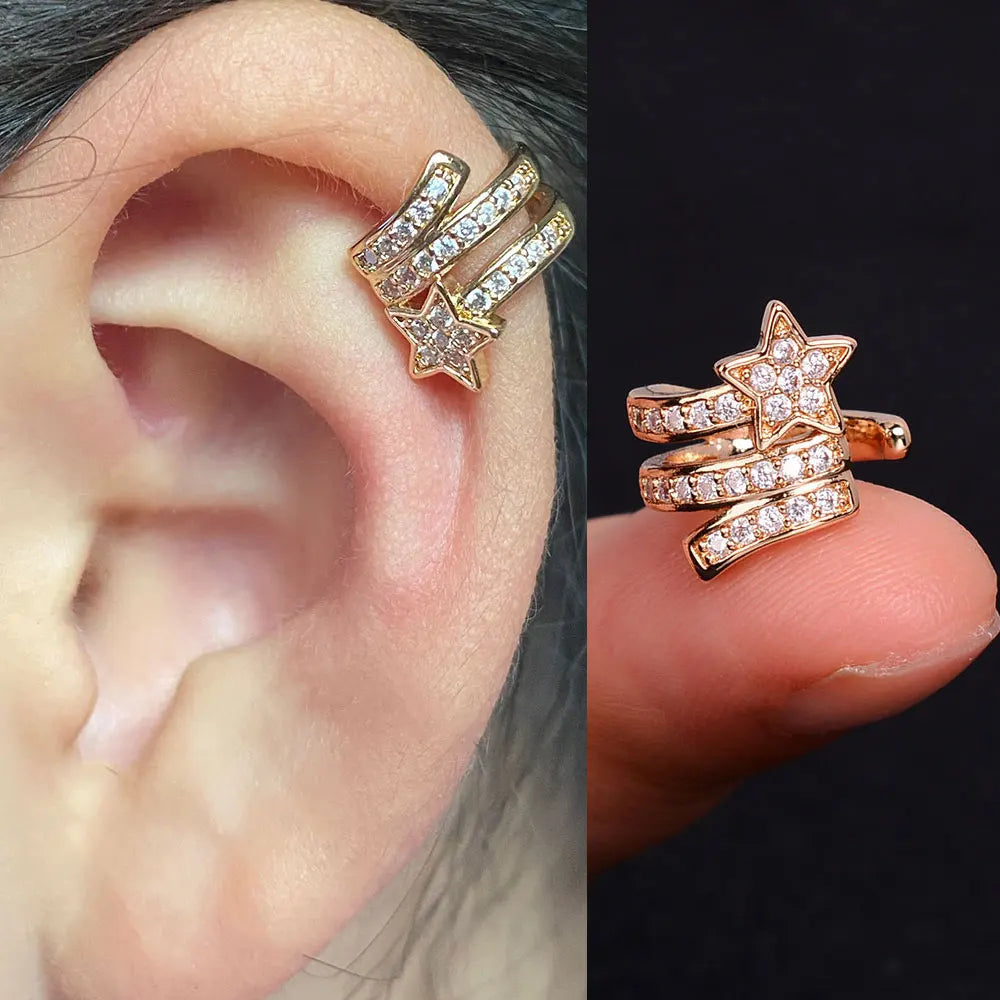 DAIIIBABYYY  -  1Pcs Zircon No Piercing Ear Cuff Earrings Earcuff Fake Cartilage Clip Earring Women Geometry Heart Star Ear Cuffs Jewelry Gifts
