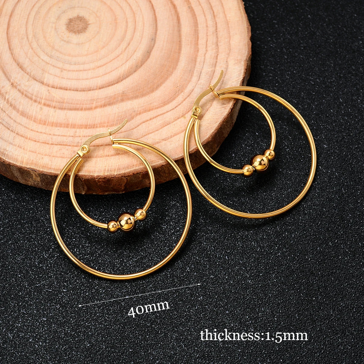 DAIIIBABYYY  -  2Pc Stainless Steel Exaggerated Round Bead Hoop Earring Women Men Smooth Design Vintage Double Rings Earring Personality Jewelry