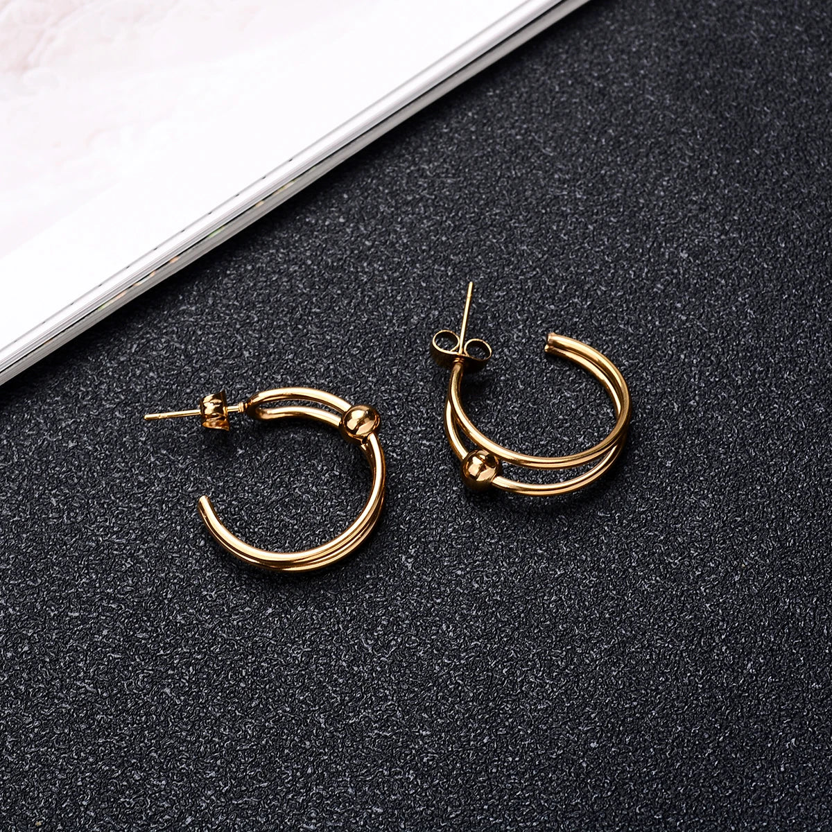 DAIIIBABYYY  -  2Pc Stainless Steel Exaggerated Round Bead Hoop Earring Women Men Smooth Design Vintage Double Rings Earring Personality Jewelry