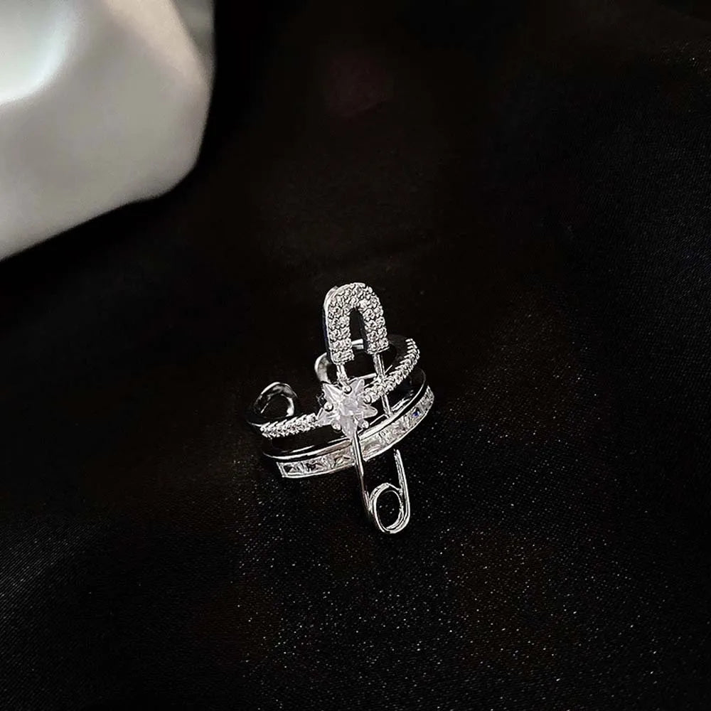 DAIIIBABYYY  -  European And American Style Ring Earrings Exaggerated Micro-Inlaid Zircon Ear Clip Open Ring Pin Design Double Layer Jewelry