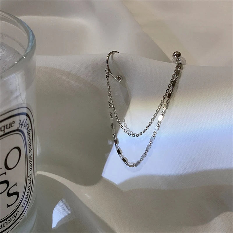DAIIIBABYYY  -  1 Pc Multi Layer Chain Earrings Long Tassel Piercing Stud Earring Ear Cuff Women's Clip Earrings  Silver Color Ear Jewelry