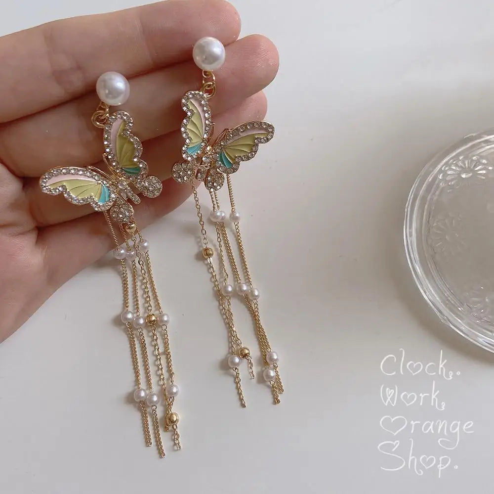 DAIIIBABYYY  -  Korean Fashion Pearl Long Drop Earring Jewelry  Needle Cute Butterfly Tassel Dangle Earrings for Women Accessories