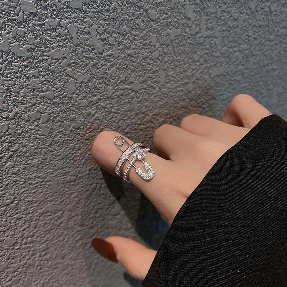 DAIIIBABYYY  -  European And American Style Ring Earrings Exaggerated Micro-Inlaid Zircon Ear Clip Open Ring Pin Design Double Layer Jewelry