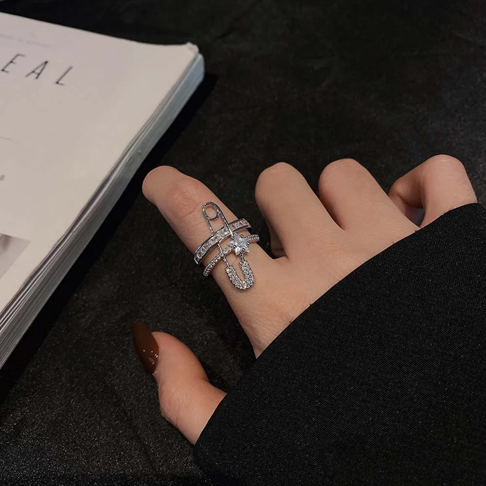 DAIIIBABYYY  -  European And American Style Ring Earrings Exaggerated Micro-Inlaid Zircon Ear Clip Open Ring Pin Design Double Layer Jewelry
