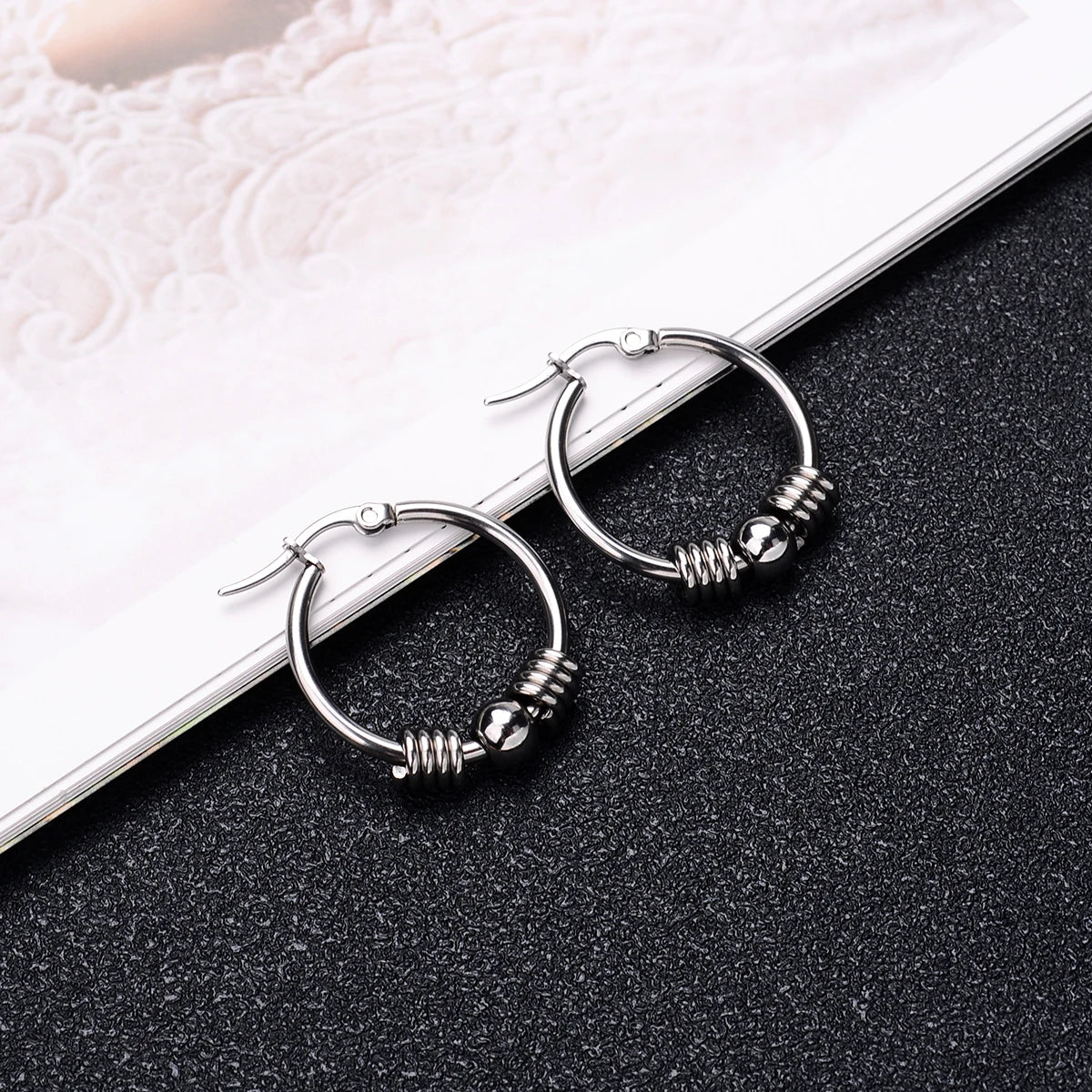 DAIIIBABYYY  -  2Pc Stainless Steel Exaggerated Round Bead Hoop Earring Women Men Smooth Design Vintage Double Rings Earring Personality Jewelry