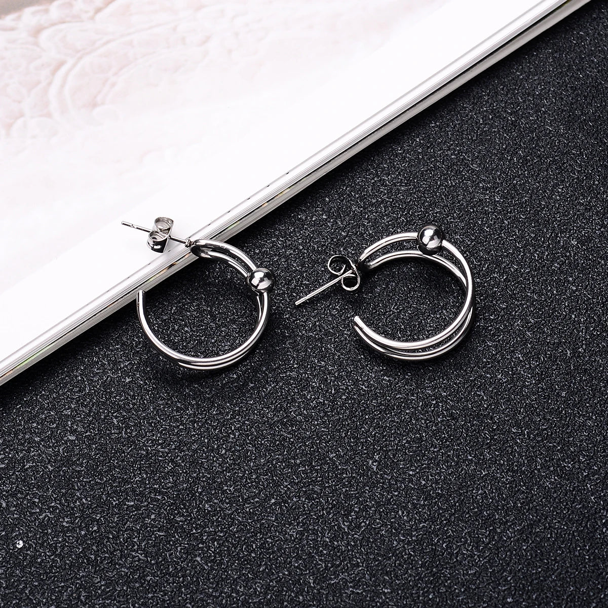 DAIIIBABYYY  -  2Pc Stainless Steel Exaggerated Round Bead Hoop Earring Women Men Smooth Design Vintage Double Rings Earring Personality Jewelry