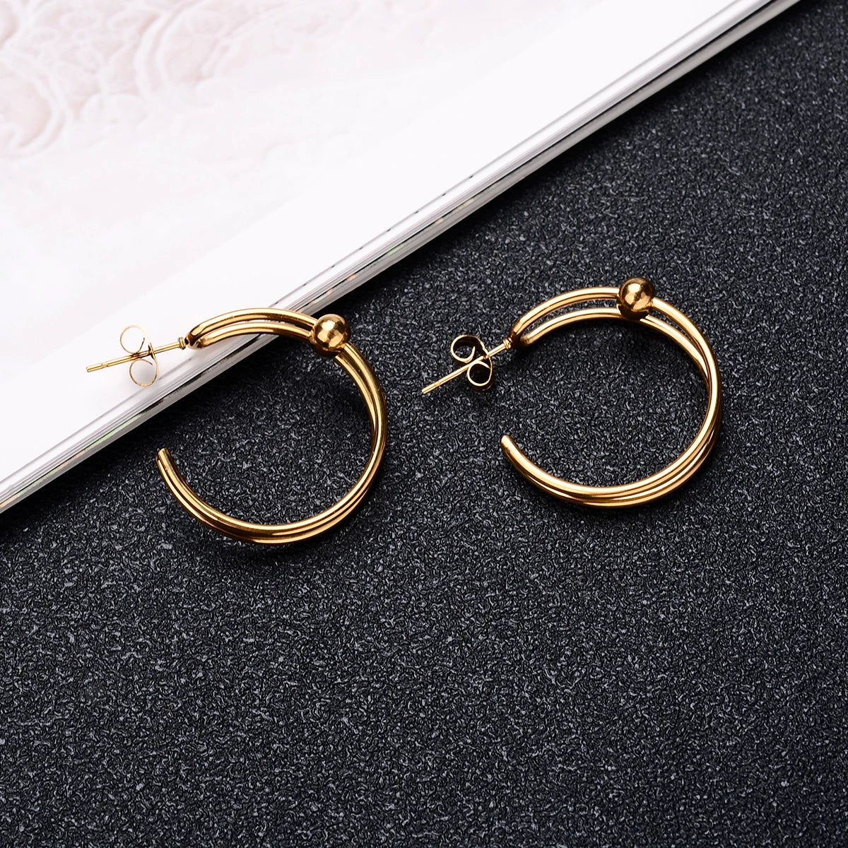 DAIIIBABYYY  -  2Pc Stainless Steel Exaggerated Round Bead Hoop Earring Women Men Smooth Design Vintage Double Rings Earring Personality Jewelry