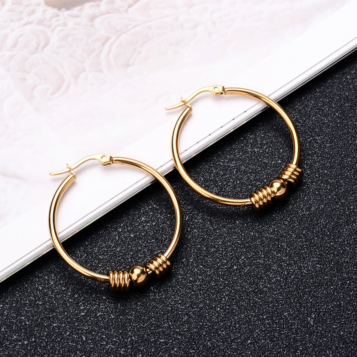 DAIIIBABYYY  -  2Pc Stainless Steel Exaggerated Round Bead Hoop Earring Women Men Smooth Design Vintage Double Rings Earring Personality Jewelry