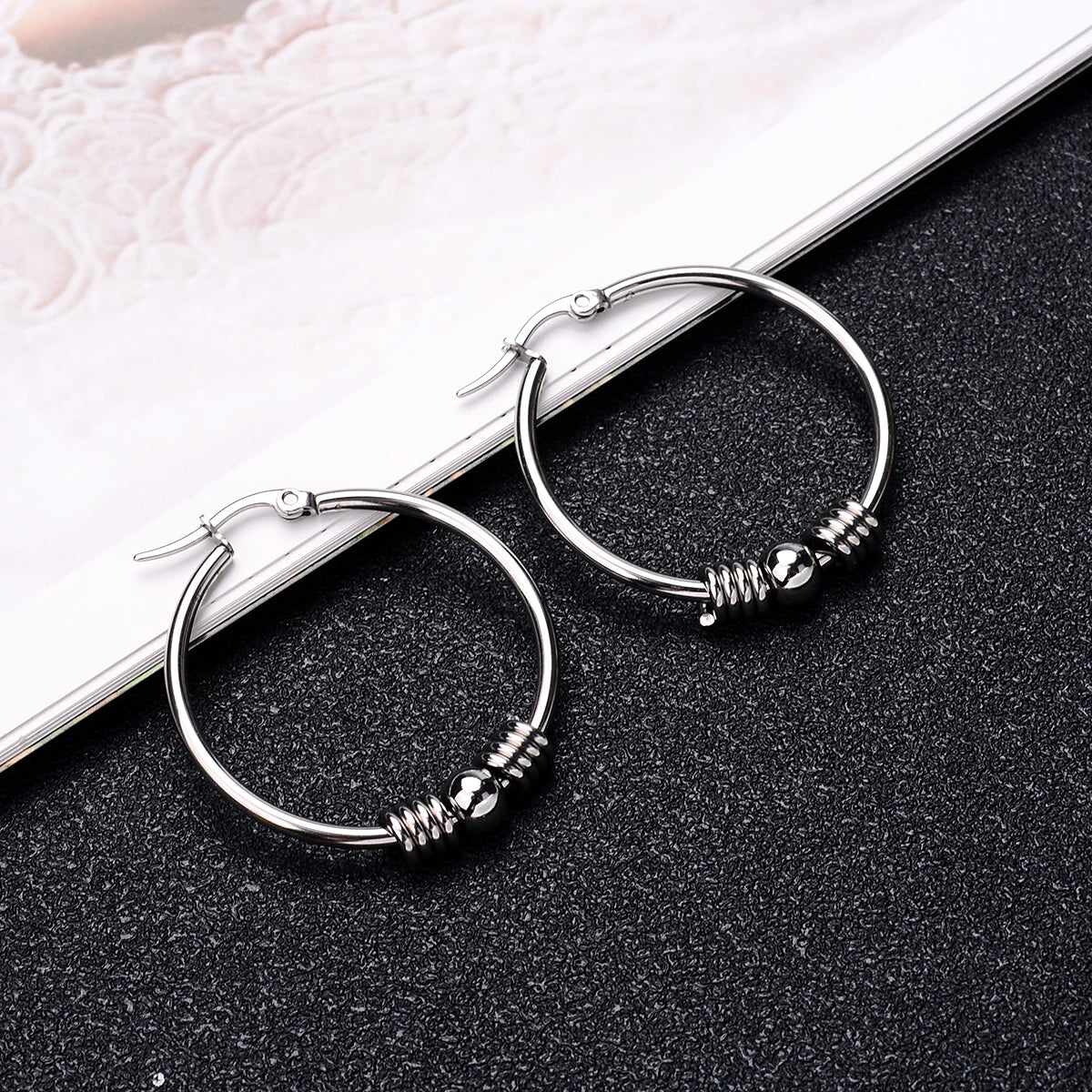 DAIIIBABYYY  -  2Pc Stainless Steel Exaggerated Round Bead Hoop Earring Women Men Smooth Design Vintage Double Rings Earring Personality Jewelry
