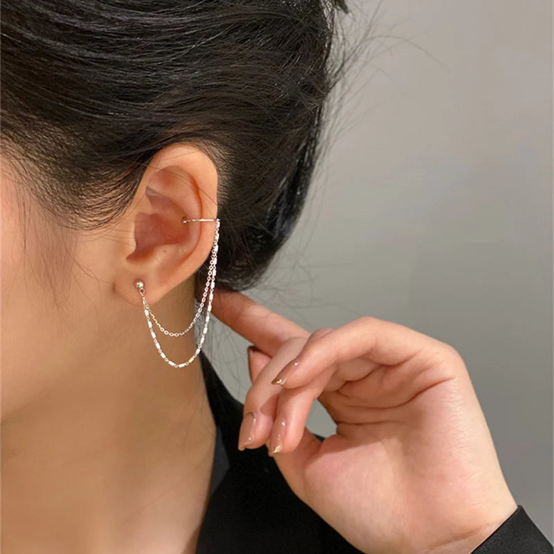 DAIIIBABYYY  -  1 Pc Multi Layer Chain Earrings Long Tassel Piercing Stud Earring Ear Cuff Women's Clip Earrings  Silver Color Ear Jewelry