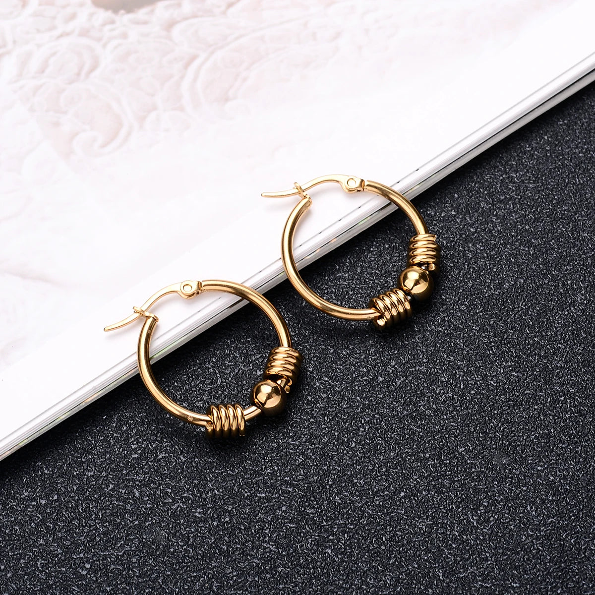 DAIIIBABYYY  -  2Pc Stainless Steel Exaggerated Round Bead Hoop Earring Women Men Smooth Design Vintage Double Rings Earring Personality Jewelry