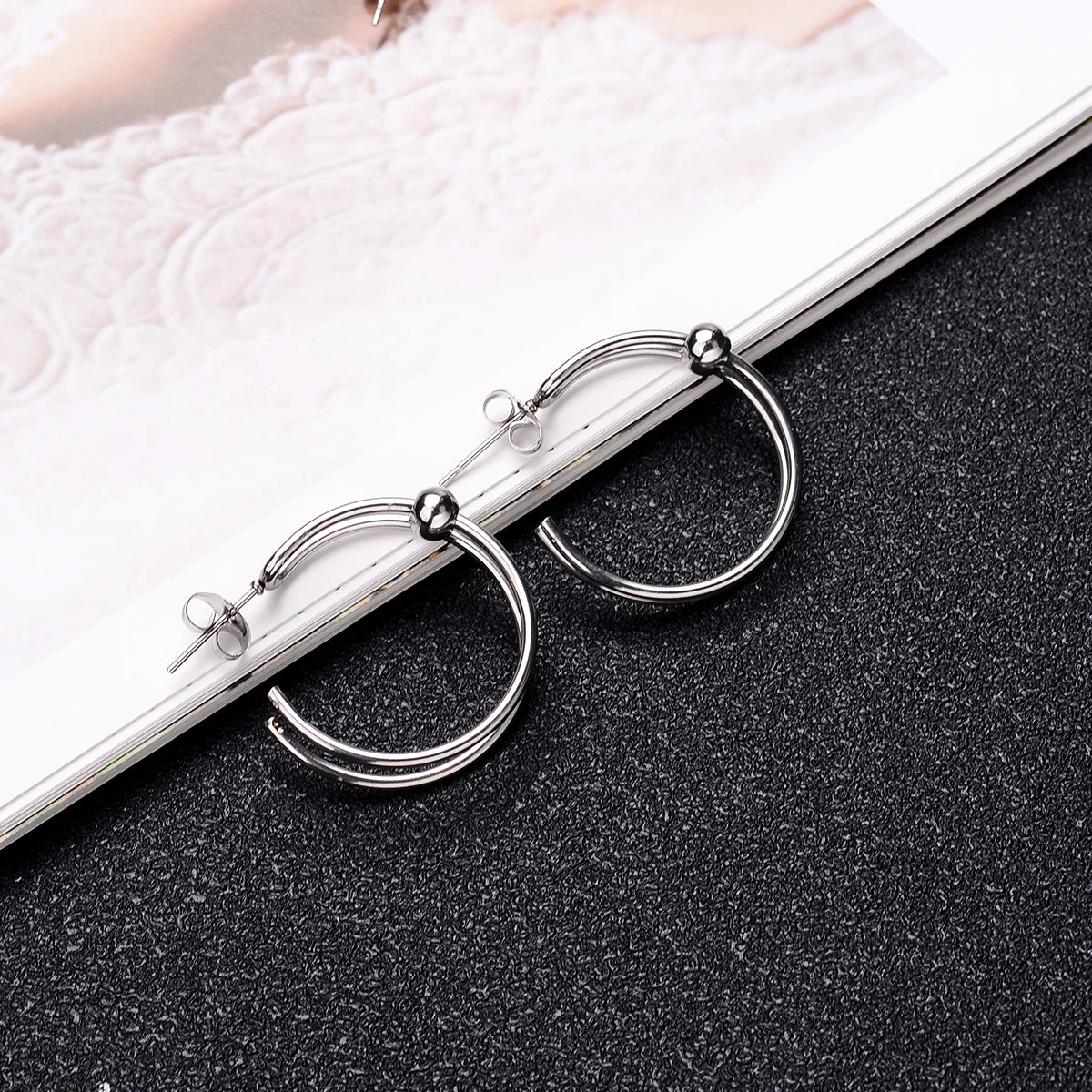 DAIIIBABYYY  -  2Pc Stainless Steel Exaggerated Round Bead Hoop Earring Women Men Smooth Design Vintage Double Rings Earring Personality Jewelry