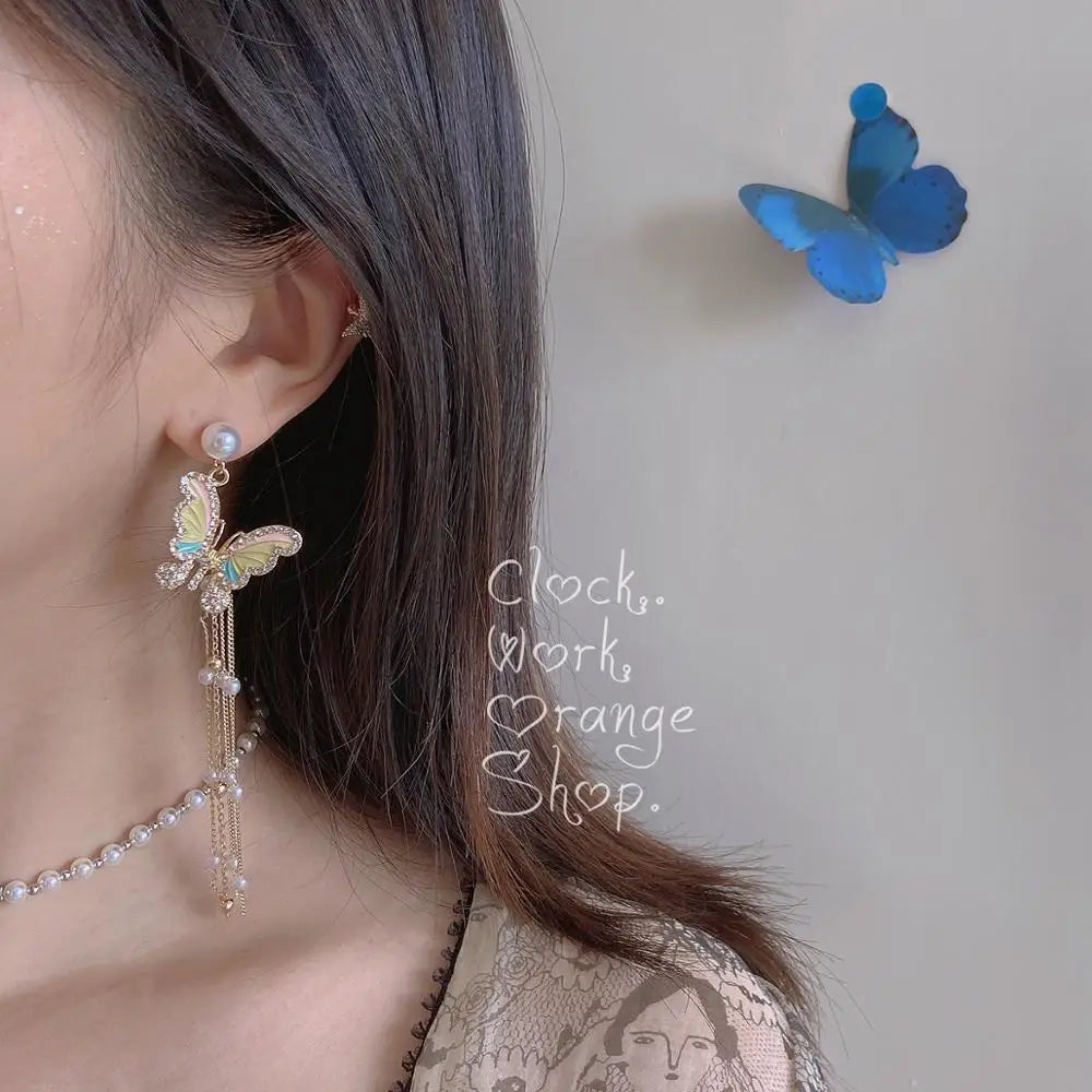 DAIIIBABYYY  -  Korean Fashion Pearl Long Drop Earring Jewelry  Needle Cute Butterfly Tassel Dangle Earrings for Women Accessories