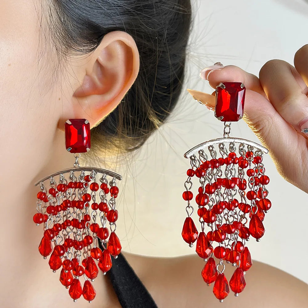 DAIIIBABYYY  -  Exaggerated red crystal tassel earrings