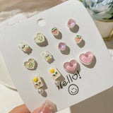 DAIIIBABYYY  -  Cute Pink Heart Butterfly Cat Cartoon Stud Earrings Set for Women Fashion Girls Dreamy Bow Pearl Floral Earring Jewelry