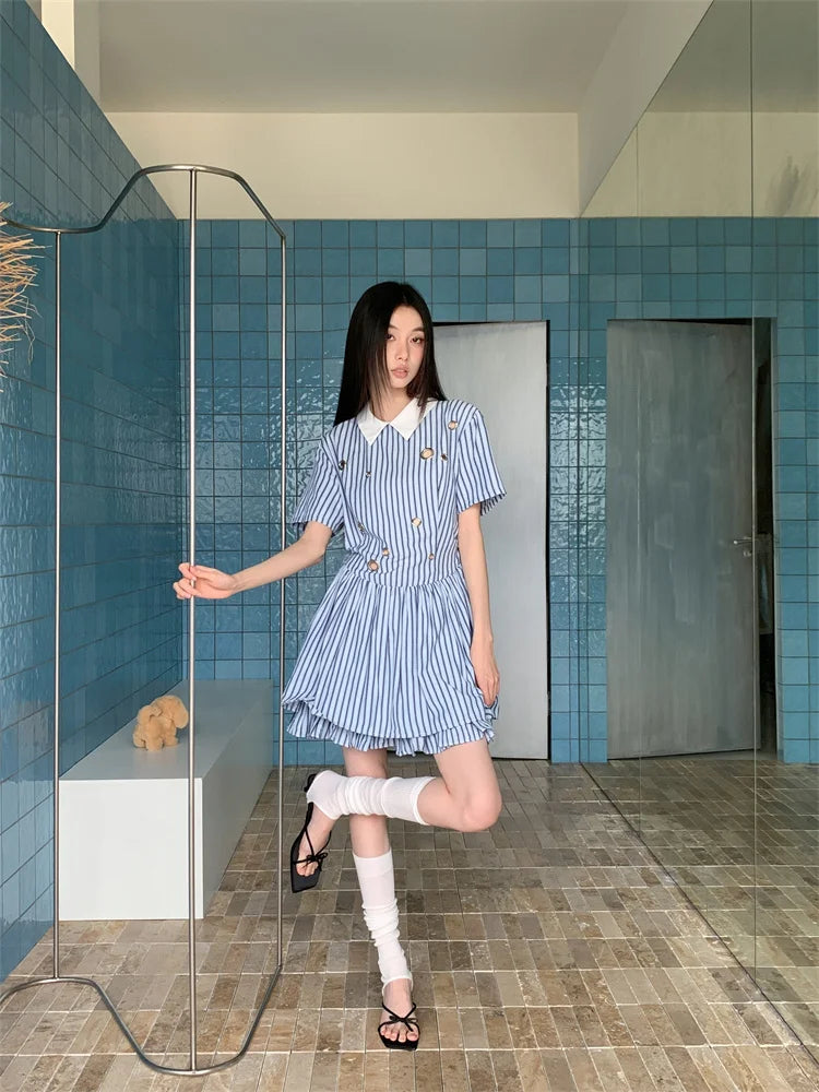 DAIIIBABYYY  -  Preppy Blue And White Striped Short Sleeve Dress Polo Collared Hollow Out Rings Mini Shirt Dress Women 2024 Summer
