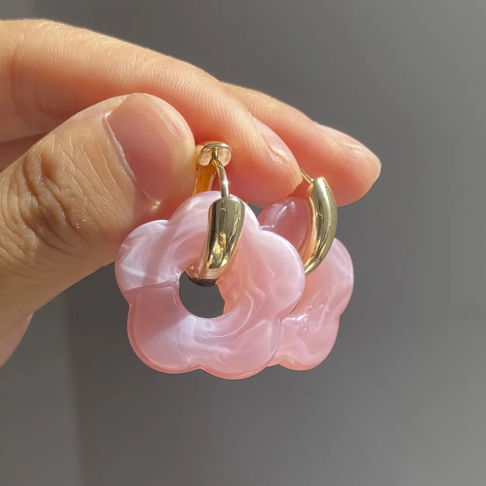 DAIIIBABYYY  -  Pink Acrylic Flower Resin Drop Earrings Simple Round Hollow Copper Girls Jewelry Cute Party Personality Gifts Wholesale