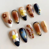 Daiiibabyyy  24pcs Wearable Fake Nails Pink Long Almond False Nail Flower Starfish Pattern Design Press on Nails Pearl Full Cover Nail Tips