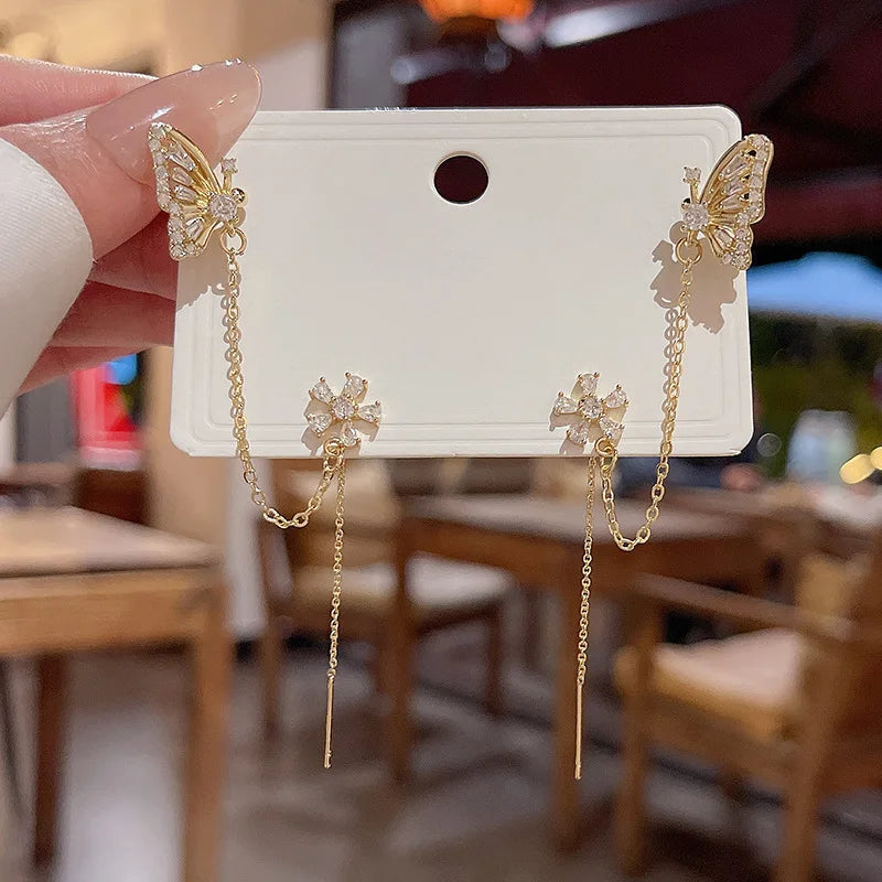 DAIIIBABYYY  -  New Arrival Shiny Crystal Butterfly Ear Cuff Clip Earrings For Women Fashion Tassel Chain Flower Stud Earrings Wedding Jewelry