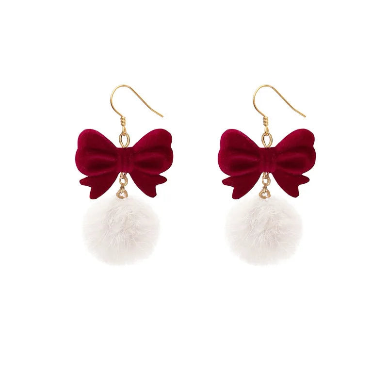 DAIIIBABYYY  -  New Romantic Winter Red Velvet Flocking Bow-knot Earrings Korean Fashion White Furry Ball Multi-style Dangle Earring Jewelry