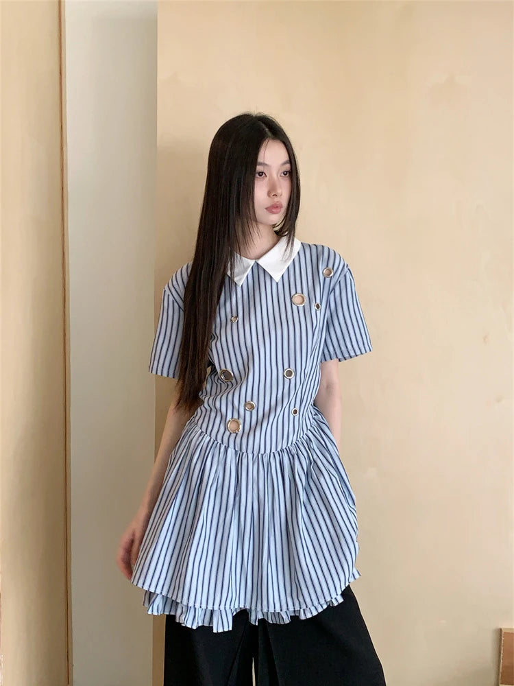 DAIIIBABYYY  -  Preppy Blue And White Striped Short Sleeve Dress Polo Collared Hollow Out Rings Mini Shirt Dress Women 2024 Summer