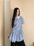 DAIIIBABYYY  -  Preppy Blue And White Striped Short Sleeve Dress Polo Collared Hollow Out Rings Mini Shirt Dress Women 2024 Summer