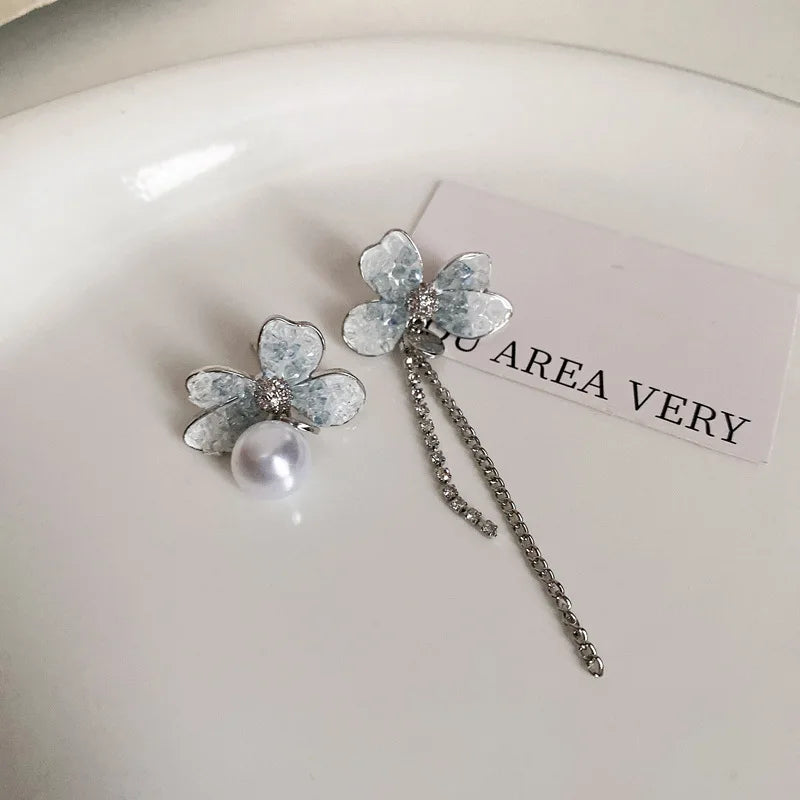 DAIIIBABYYY  -  Luxury Blue Gradient Crystal Butterfly Flower Pearl Earrings Flower Geometric Women Korean Fashion Kpop Tassel Earring