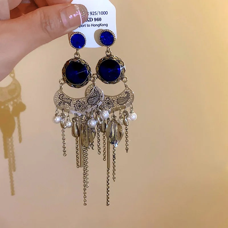 DAIIIBABYYY  -  Flower Leaf Pearl Tassel Earrings Ethnic Style Earrings