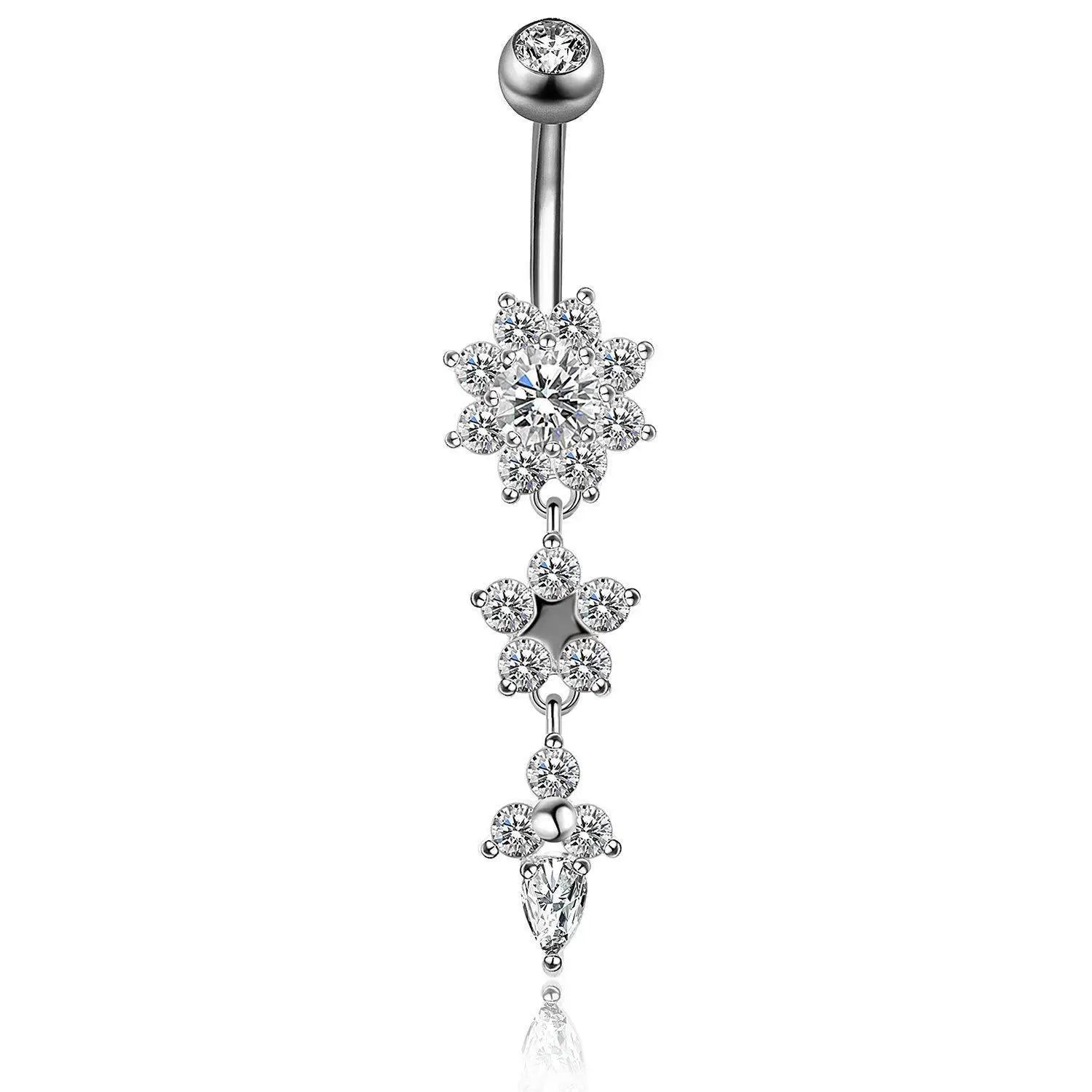 DAIIIBABYYY  -  Fashion Zircon Heart Belly Button Piercing for Women Stainless Steel Long Flower Pendant Navel Rings Piercing Ombligo Jewelry