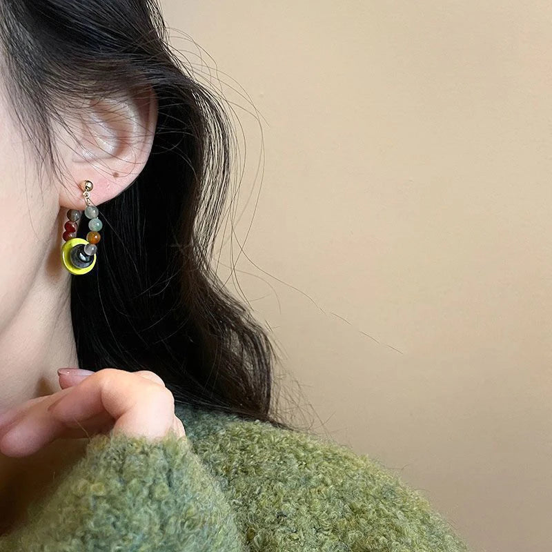 DAIIIBABYYY  -  Retro Colorful Green Bead Earrings Ethnic Style Safety Buckle Design Light Luxury Artistic Popular Earrings Women's Jewelry