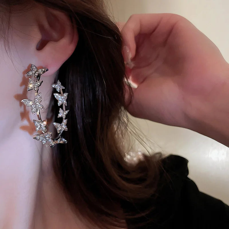 Daiiibabyyy  Butterfly Hoop Earrings for Woman Geometric Rhinestones Earrings Party Women Jewelry Gifts