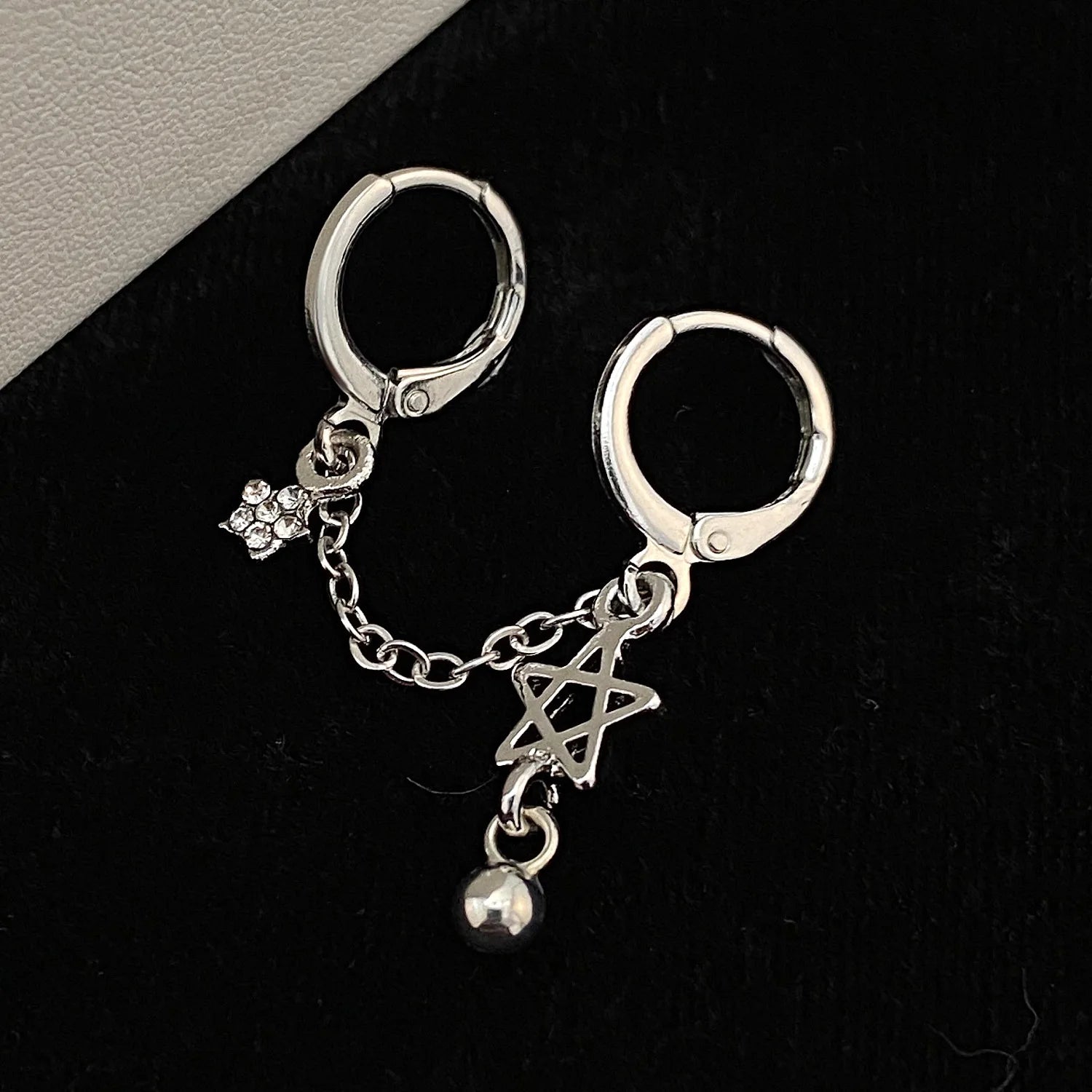 DAIIIBABYYY  -  Hiphop Punk Rhinestone Star Chain Double Ear Hole Fashion Silver Color Round Bead Pendant Hoop Earrings Y2K Fashion Jewelry Gift