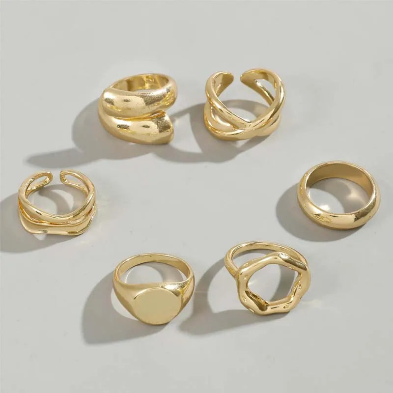 DAIIIBABYYY  -  6Pcs/Set Gold Color Smooth Geometric Open Rings Set For Women Exaggerated Metal Irregular Thick Chunky Ring Jewelry Gift