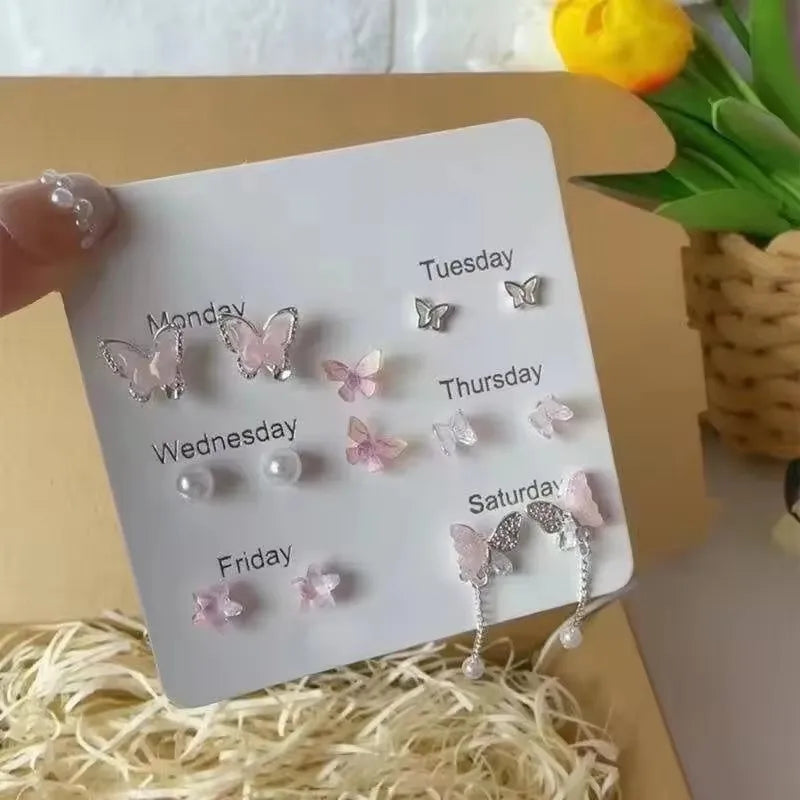 DAIIIBABYYY  -  7PCS SET Pink Flower Butterfly Star Pearl Stud Earring For Women Cute Exquisite Mini Earrings Jewelry Gift Wholesale Direct Sale
