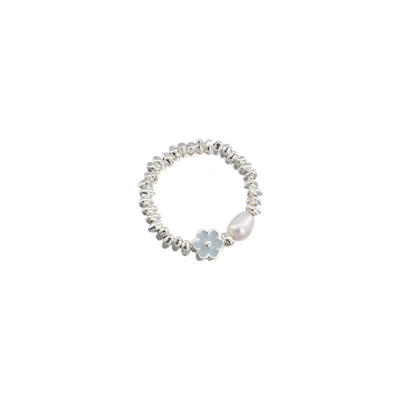 DAIIIBABYYY  -  Blue Drop Glaze Flower Pearl Rings For Women Girls Minimalist Sweet Cute Creative Temperament Elegant Birthday Jewelry