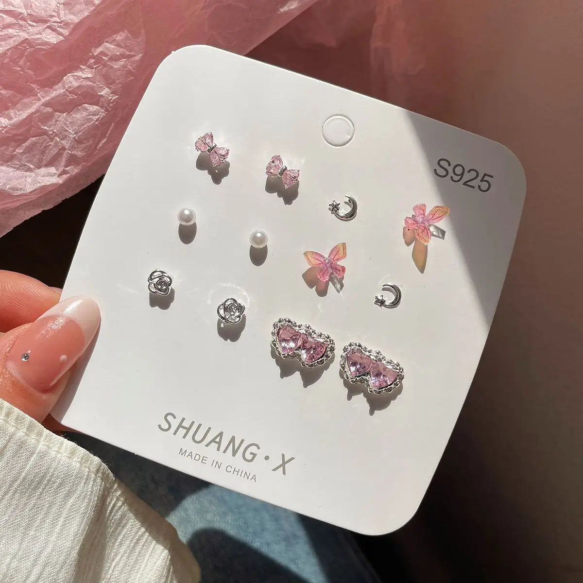 DAIIIBABYYY  -  Summer New Shiny Pink Flower Cherry Butterfly Star Pearl Stud Earrings Set for Women Girls One Week Korean Fashion Jewelry Gift