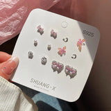 DAIIIBABYYY  -  Summer New Shiny Pink Flower Cherry Butterfly Star Pearl Stud Earrings Set for Women Girls One Week Korean Fashion Jewelry Gift