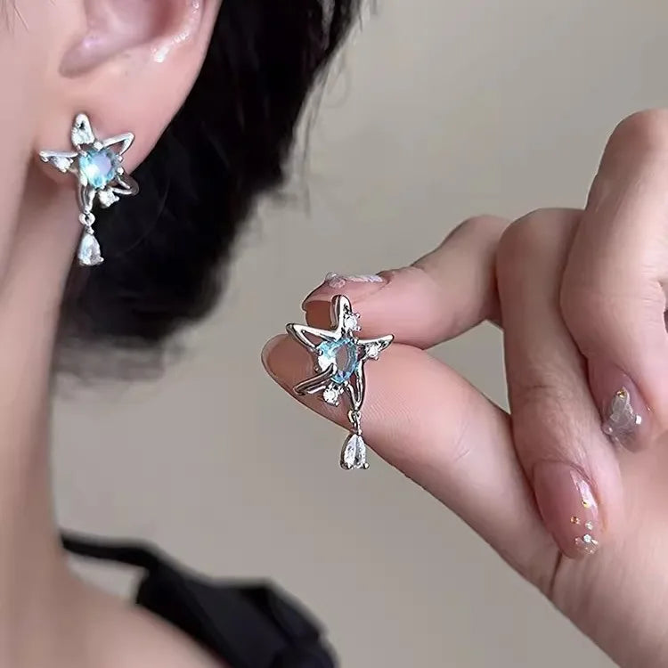 Daiiibabyyy Unique Design Exquisite Blue Star Zircon Earrings for Women Personalized Fashion Daily Accessories Party Jewelry Premium Gifts