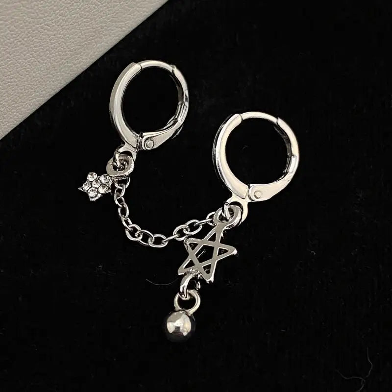 DAIIIBABYYY  -  Hiphop Punk Rhinestone Star Chain Double Ear Hole Fashion Silver Color Round Bead Pendant Hoop Earrings Y2K Fashion Jewelry Gift
