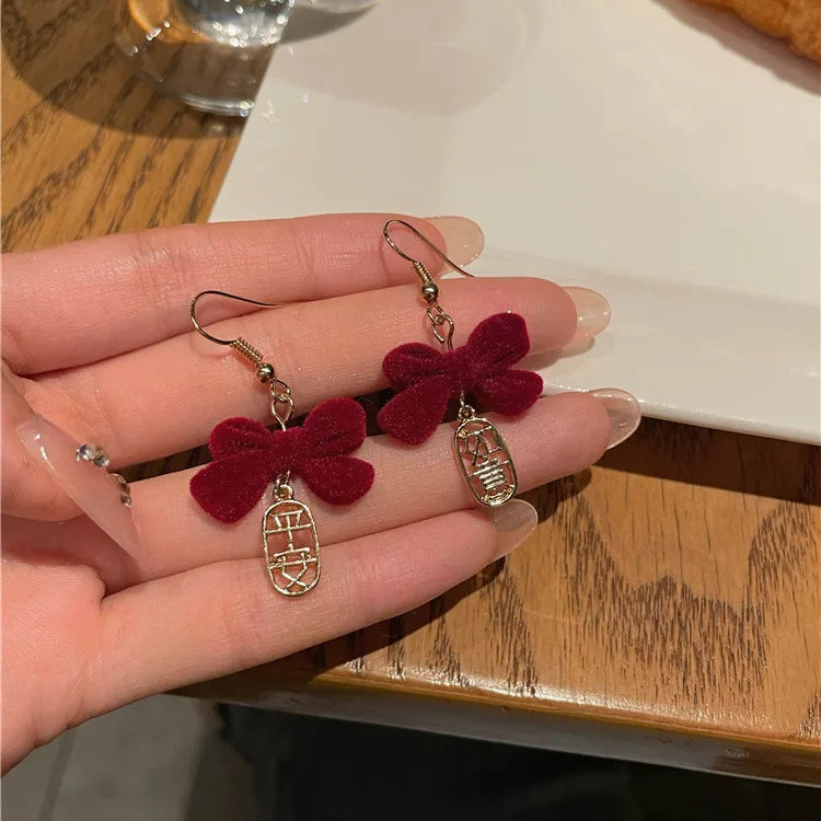 DAIIIBABYYY  -  Women New Year Christmas Wine Red Velvet Bow Earrings Korean Fashion Girls White Plush Ball Dangle Earring Jewelry Gift