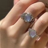 Daiiibabyyy Opal Irregular Natural Stone Ring With White Opal Aesthetic Egirl Hollow Rings for Women Y2K Trendy Ring Creative Finger Jewelry