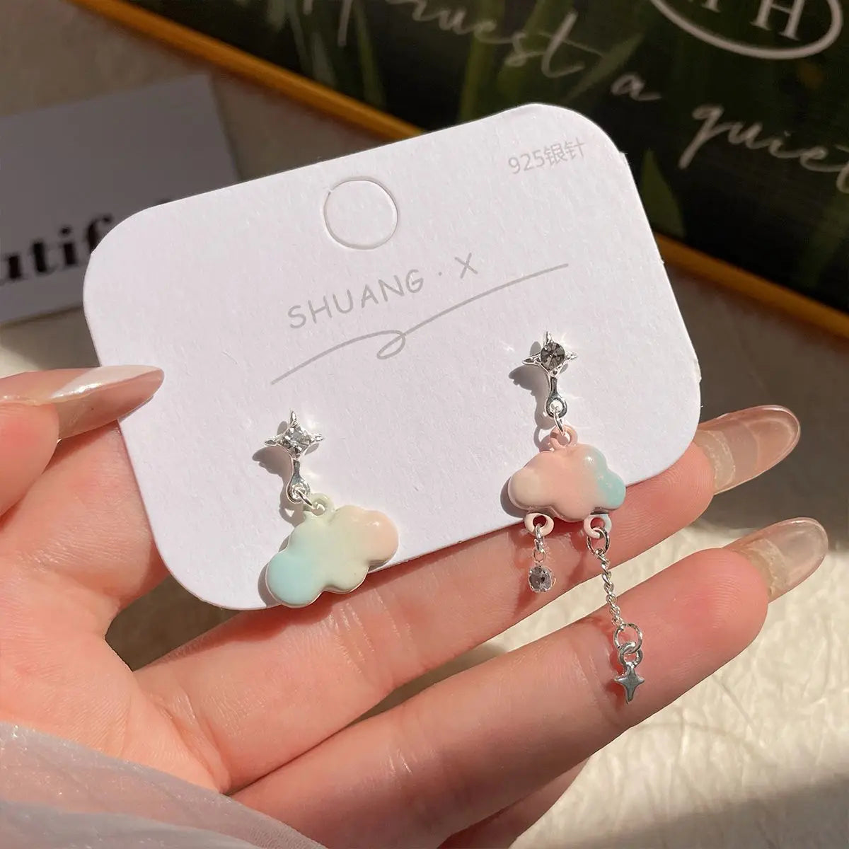 DAIIIBABYYY  -  Gradient Color Pink Blue Summer Bowknot Moon Star Pendant Earrings Set Women Korean Fashion Sweet Heart Stud Earring Jewelry