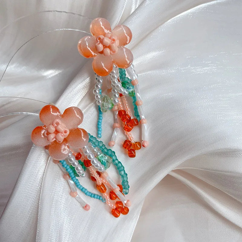 DAIIIBABYYY  -  Blue peach jade earrings Korean niche fresh and elegant flower beaded tassel earrings