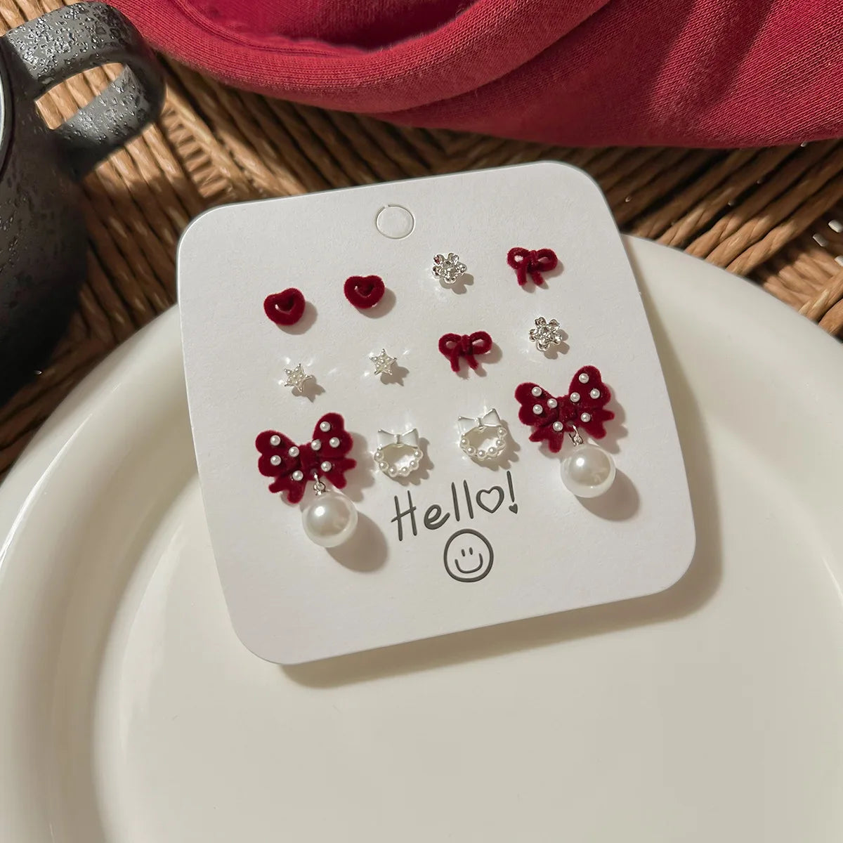DAIIIBABYYY  -  Autumn Winter Wine Red Bow Flocked Fleece Stud Earrings Set Women Korean Fashion Heart Bow Floral Pearl Earring Jewelry
