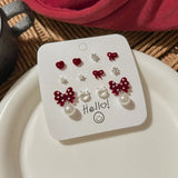 DAIIIBABYYY  -  Autumn Winter Wine Red Bow Flocked Fleece Stud Earrings Set Women Korean Fashion Heart Bow Floral Pearl Earring Jewelry