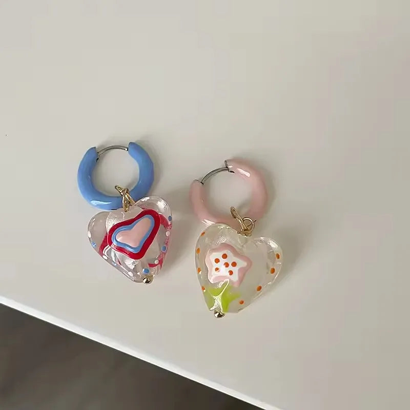 DAIIIBABYYY  -  Trendy Cute Colorful Asymmetrical Enamel Flowers Heart Drop Earrings For Women Girls Fashion Aesthetic Jewelry Gifts Wholesale